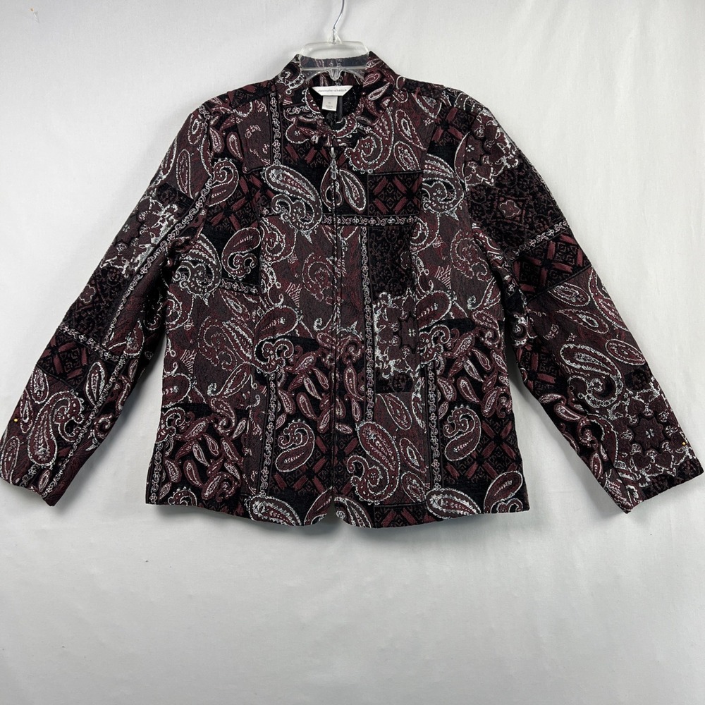 Christopher & Banks Jacket XL Black Maroon Metallic Embroidery Paisley Full Zip